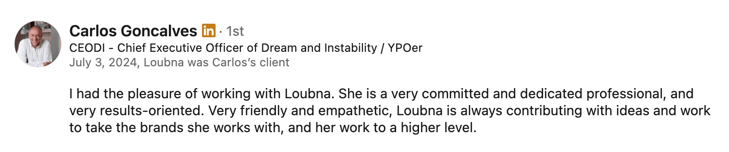 LinkedIn recommendation from Carlos Goncalves, CEO of Dream and Instability